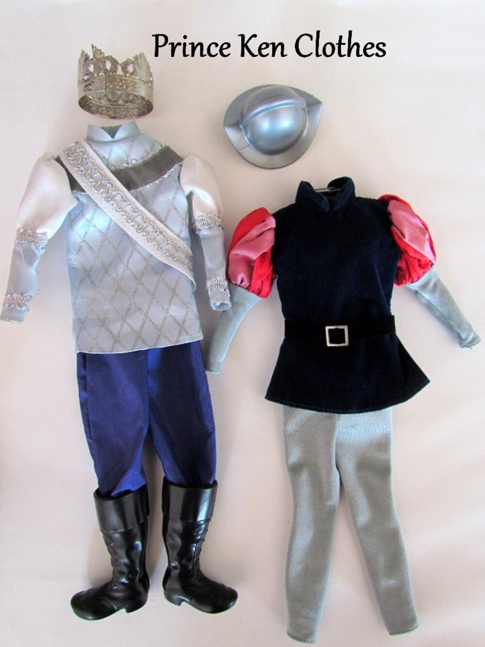 KEN PRINCE CLOTHES, CONQUISTADOR HELMET, CROWN, 2 TUNIC OUTFITS, HIGH BOOTS; 1:6